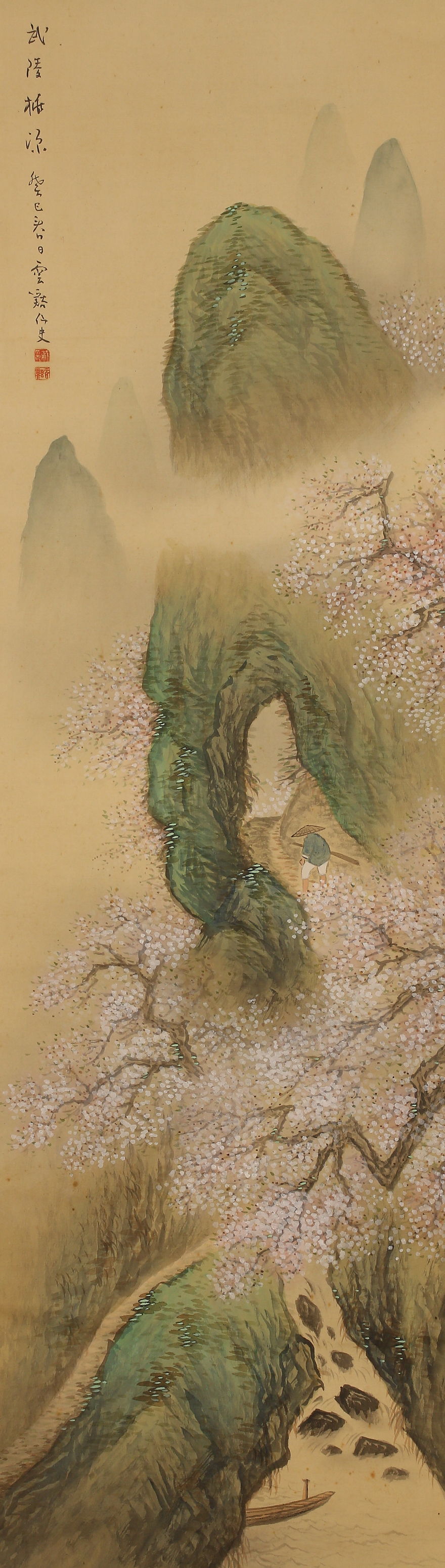 水墨画　渓舟　日本画 山水 山里 風景画 横長 横幅 日本家屋 水墨画 渓舟 日本画 山水 山里 風景画 横長 横幅 日本家屋（模写