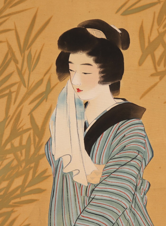 【模写】【伝来】b3642〈伊东深水〉美人図 描き表具 共箱 浮世絵师 -