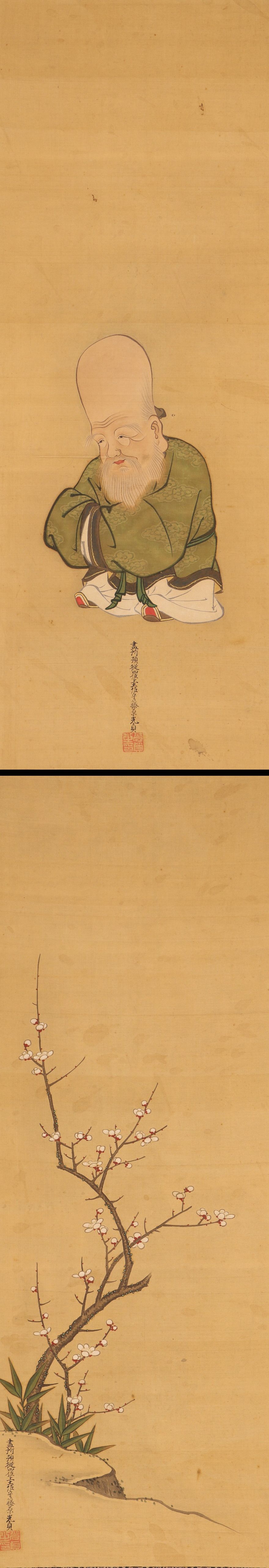 模写】【伝来】B7919〈土佐光貞〉三幅対 松梅寿老人図 光芳の次男 江戸時代