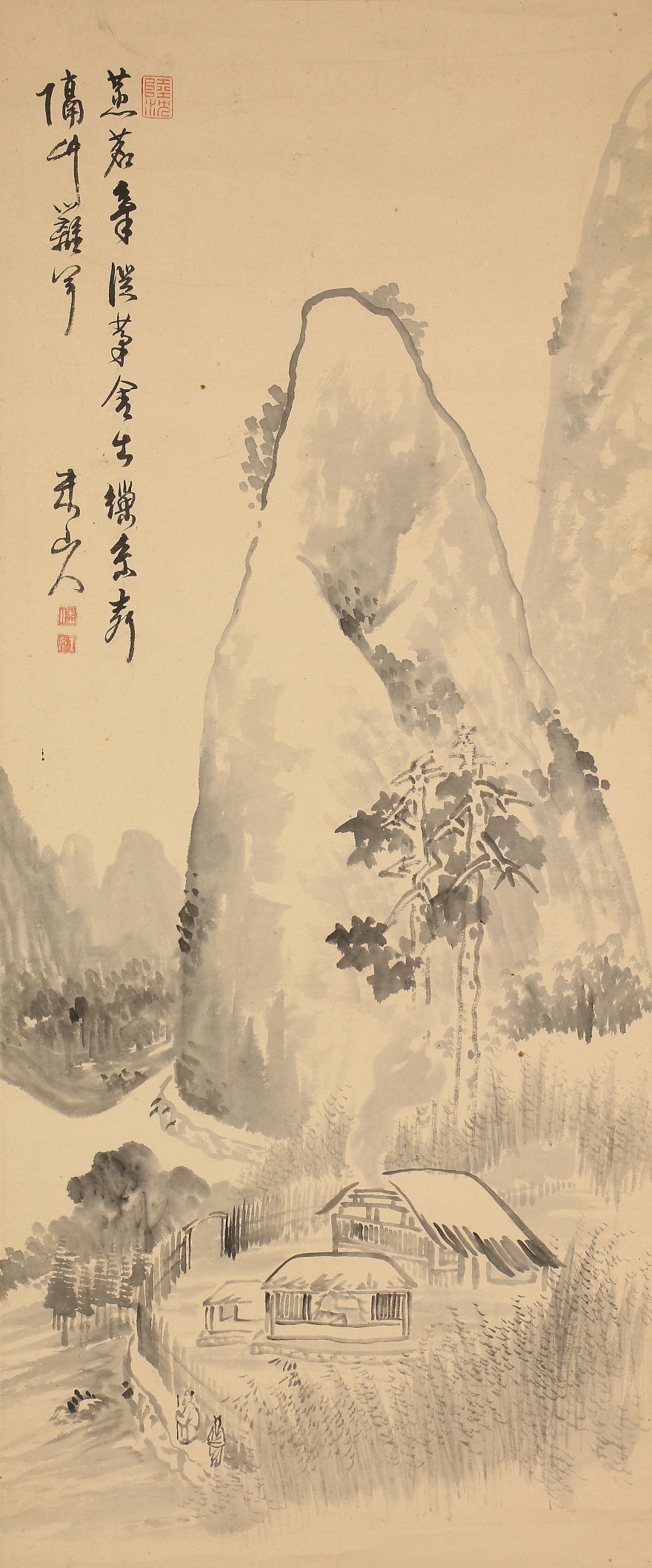 岡田米山人 溪谷幽居図 江戸時代中期 南画家 中国画 山水図 大阪 掛軸ZK02 模写】【伝来】f9391〈岡田米山人〉山水図 大坂の人 文人画家