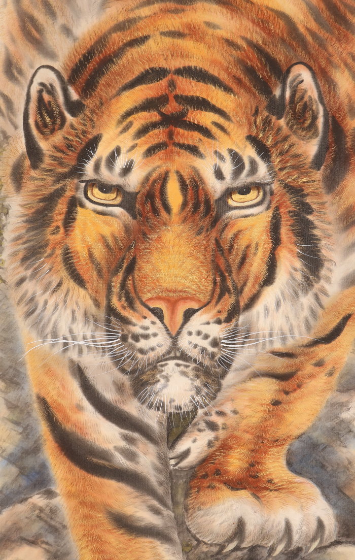 【模写】【伝来】f9448〈佐久间頼峰〉猛虎図 太巻 共箱 二重箱 岐阜